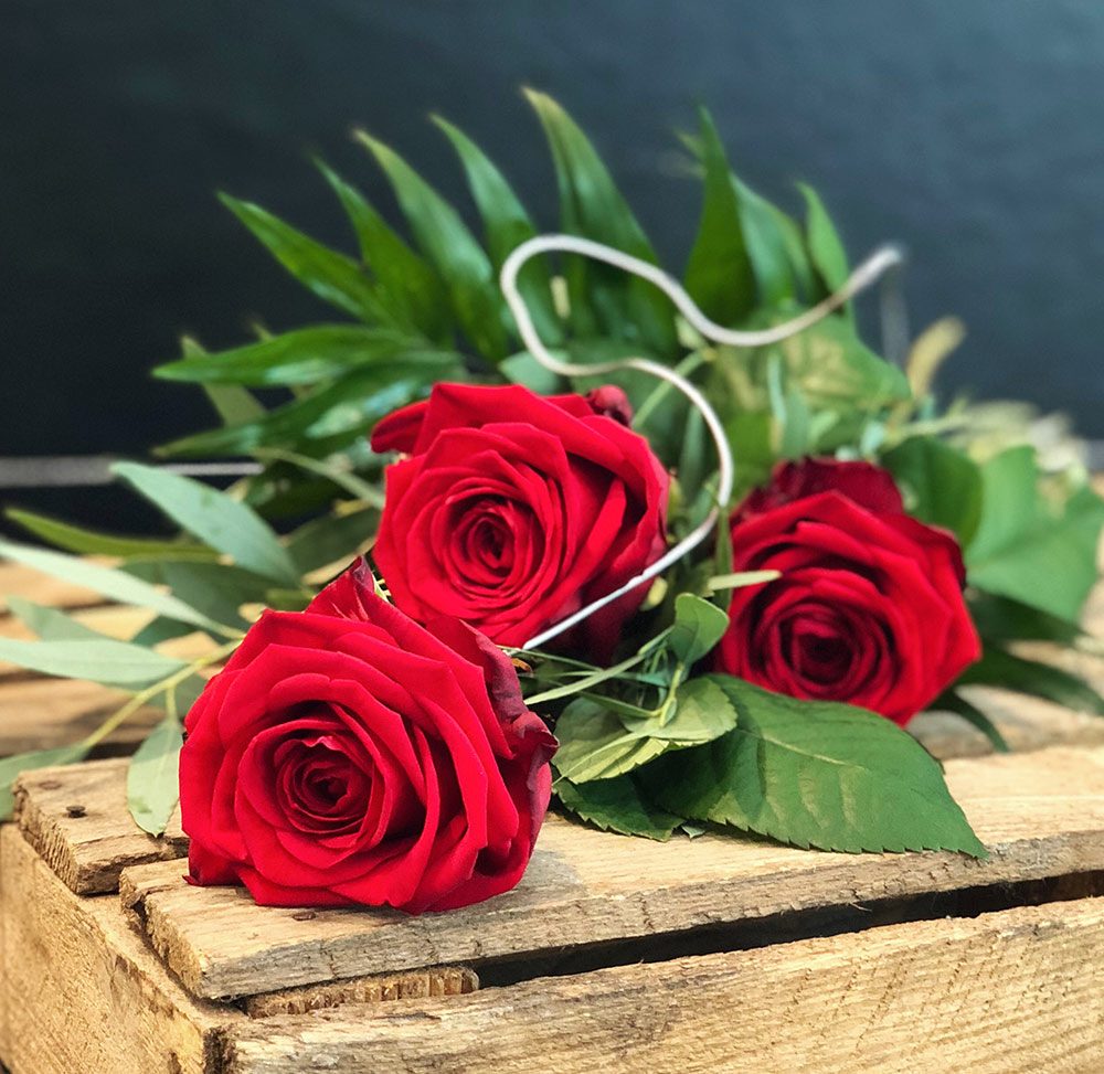 3 aufgebundene rote Rosen